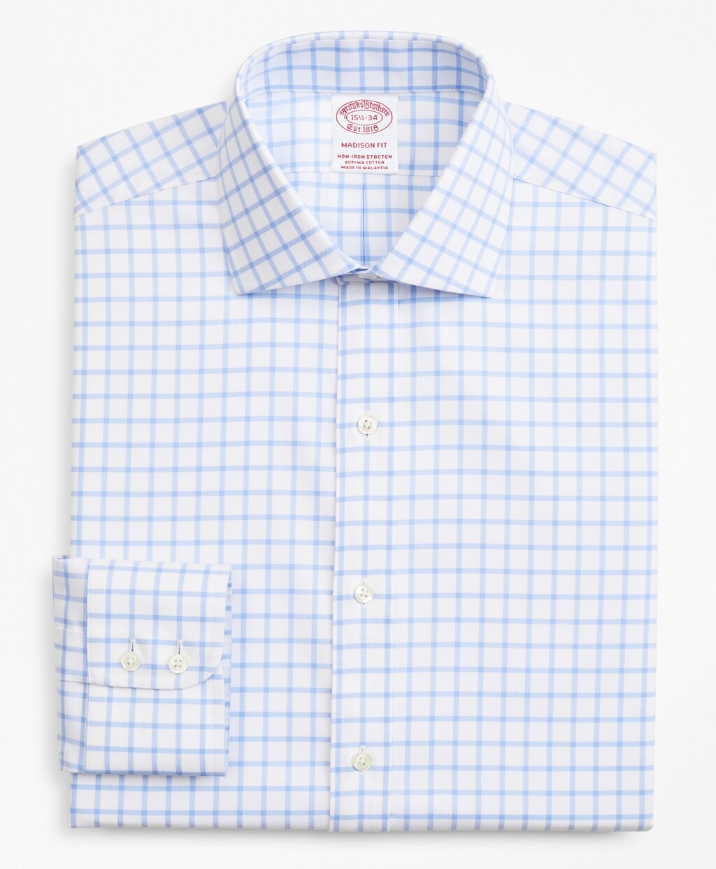 Brooks Brothers Men Stretch Madison Classic-Fit Dress Shirt, Non-Iron Twill English Collar Grid Check