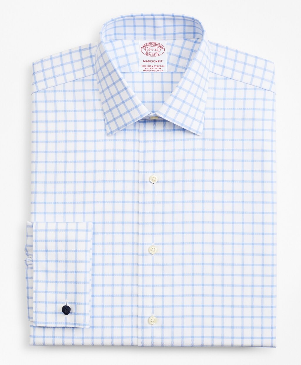Brooks Brothers Men Stretch Madison Classic-Fit Dress Shirt, Non-Iron Twill Ainsley Collar French Cuff Grid Check
