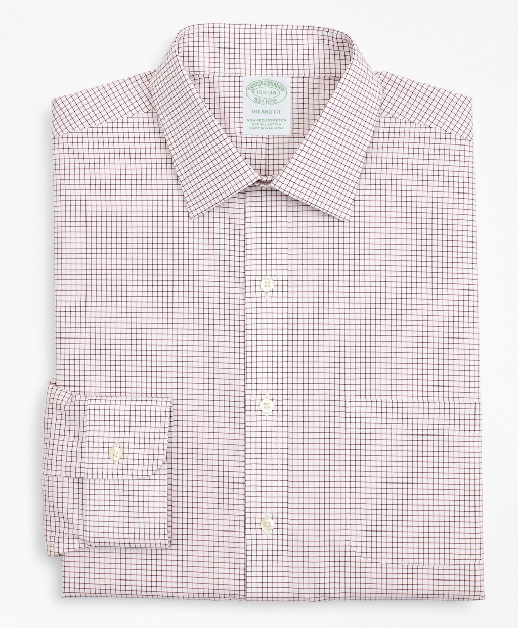 Brooks Brothers Men Stretch Milano Slim-Fit Dress Shirt, Non-Iron Poplin Ainsley Collar Small Grid Check