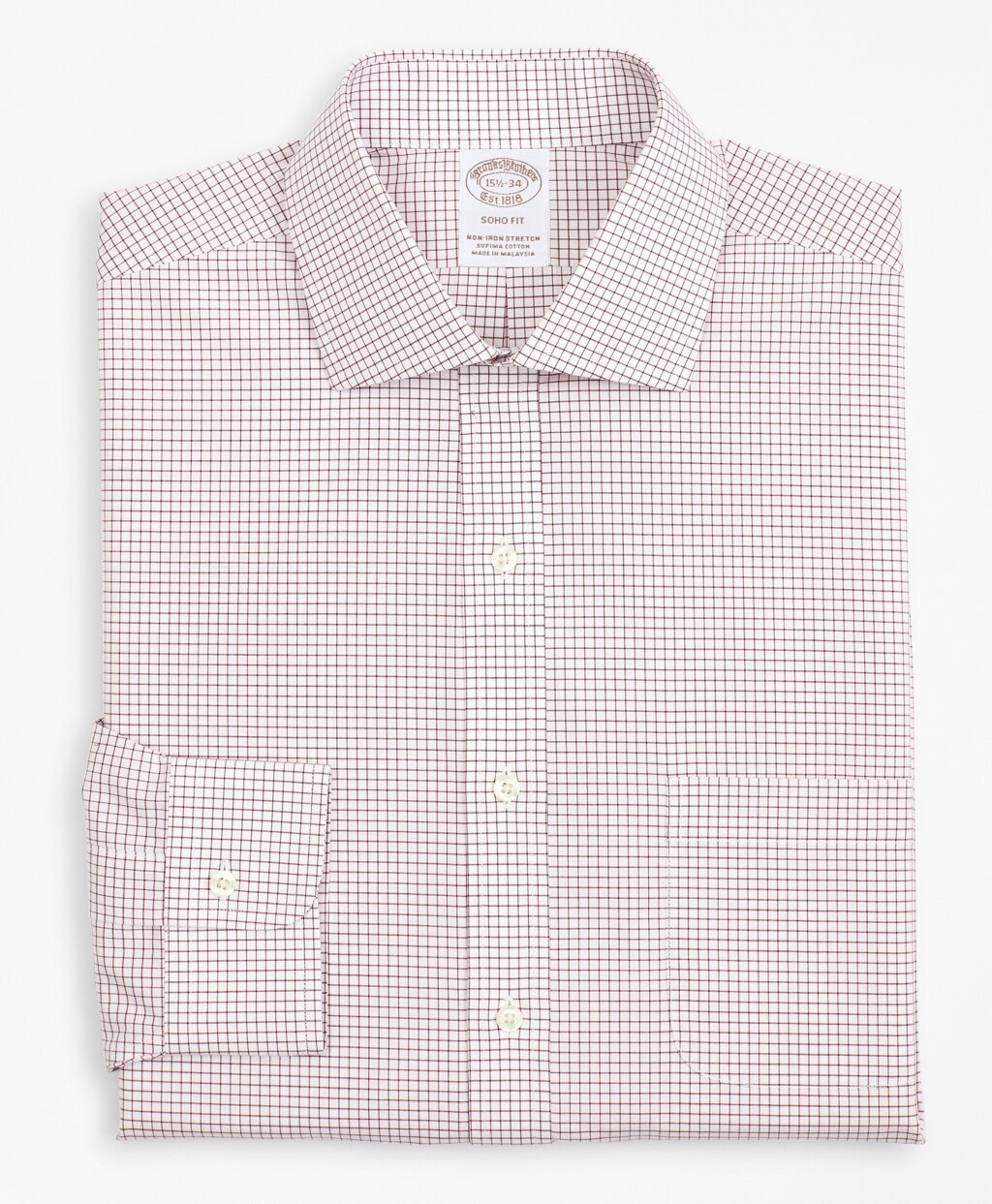 Brooks Brothers Men Stretch Soho Extra-Slim-Fit Dress Shirt, Non-Iron Poplin English Collar Small Grid Check