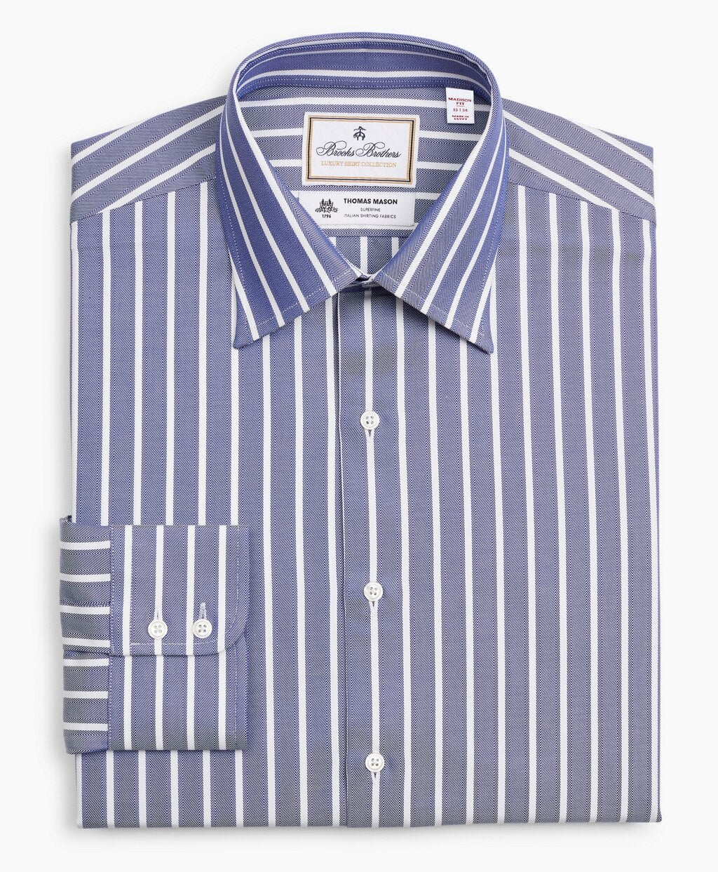 Brooks Brothers Men Luxury Collection Madison Classic-Fit Dress Shirt, Franklin Spread Collar Herringbone Wide Stripe