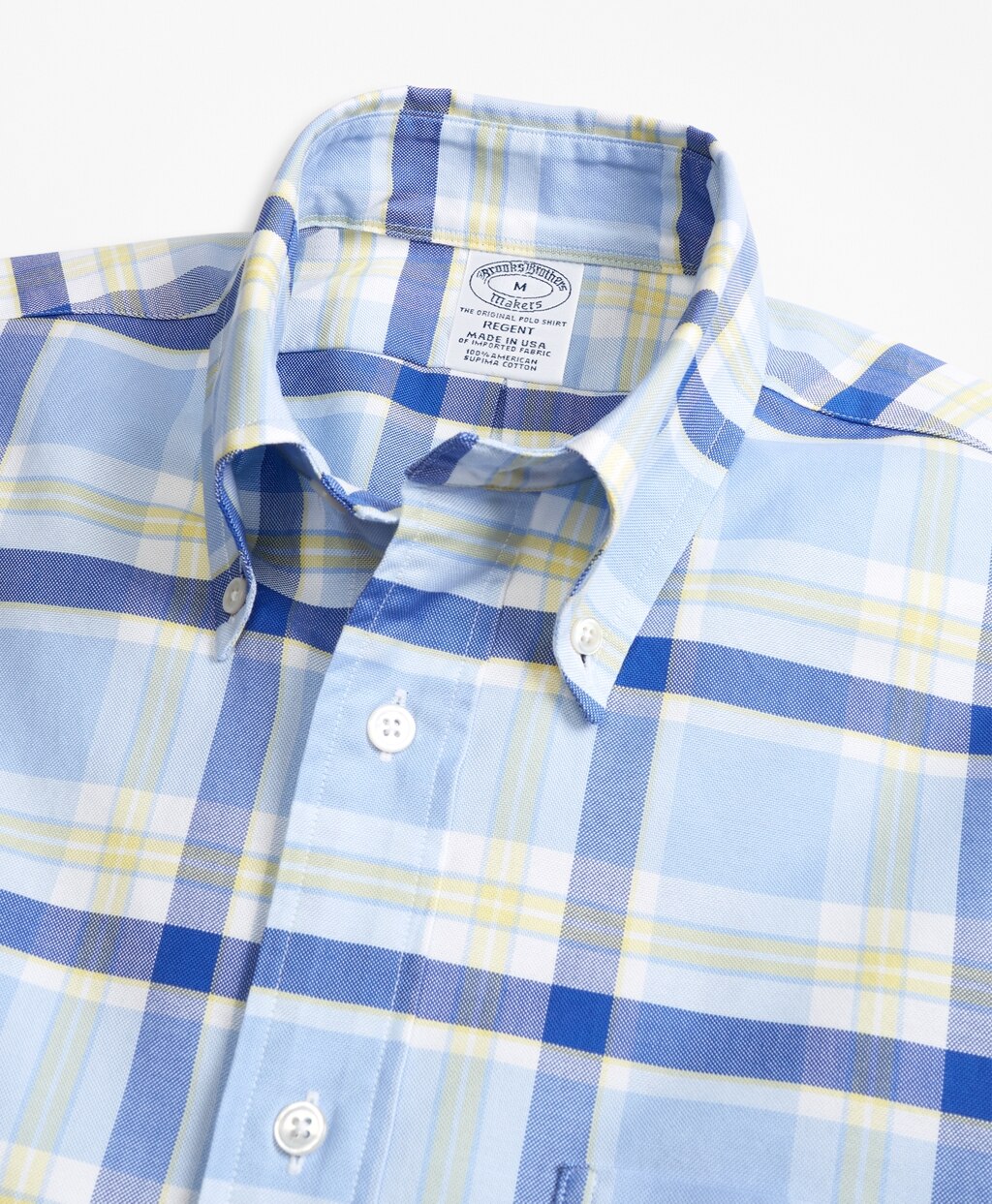 Brooks Brothers Men Regent Fit Oxford Blue and Yellow Plaid Sport Shirt