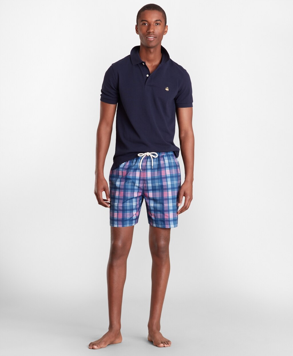 Brooks Brothers Men Montauk 6" Indigo Plaid Print Swim Trunks