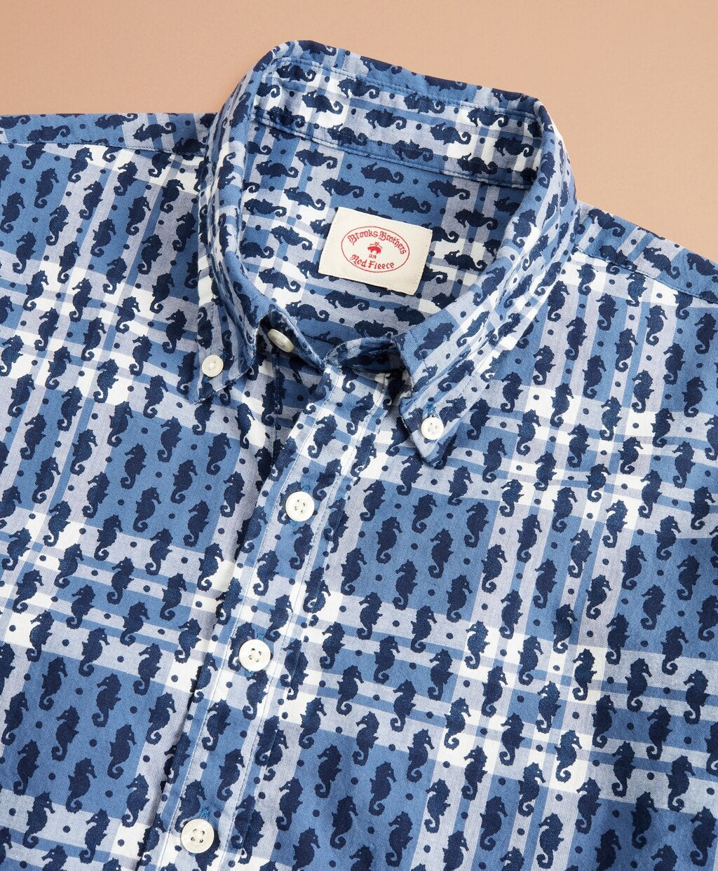Brooks Brothers Men Seahorse-Print Madras Popover Shirt Short-Sleeve
