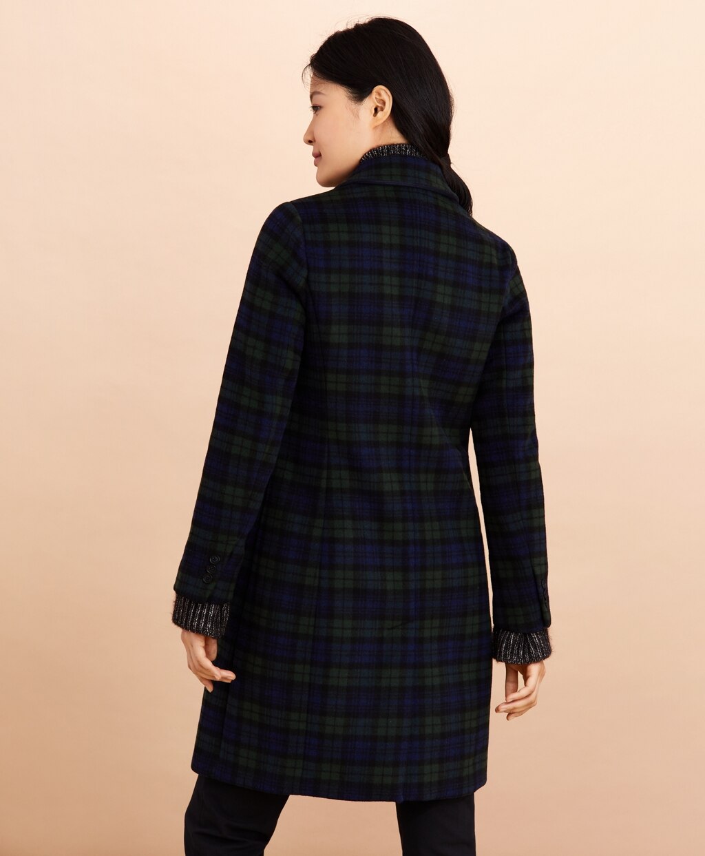 Brooks Brothers Women Black Watch Tartan Wool-Blend Double-Breasted Coat