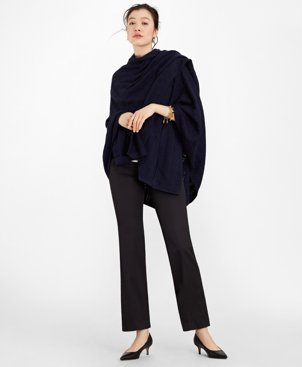 Brooks Brothers Women Pointelle Cable-Knit Merino Wool Ruana
