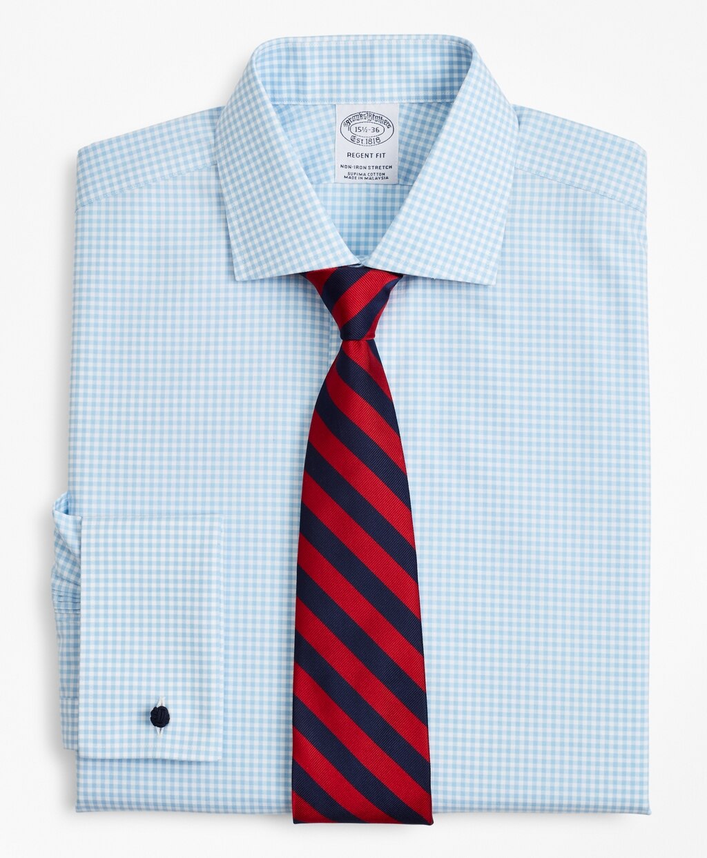 Brooks Brothers Men Stretch Regent Fitted Dress Shirt, Non-Iron Poplin English Collar French Cuff Gingham