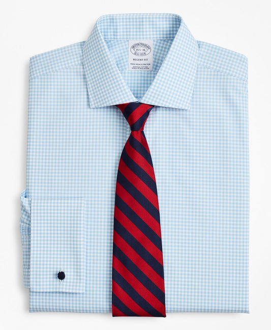 Brooks Brothers Men Stretch Regent Fitted Dress Shirt, Non-Iron Poplin English Collar French Cuff Gingham