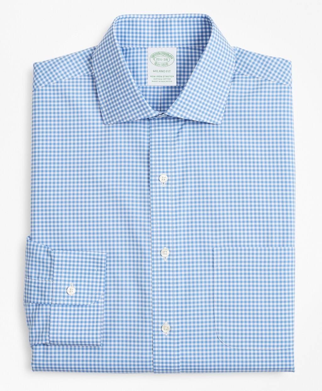 Brooks Brothers Men Stretch Milano Slim-Fit Dress Shirt, Non-Iron Poplin English Collar Gingham