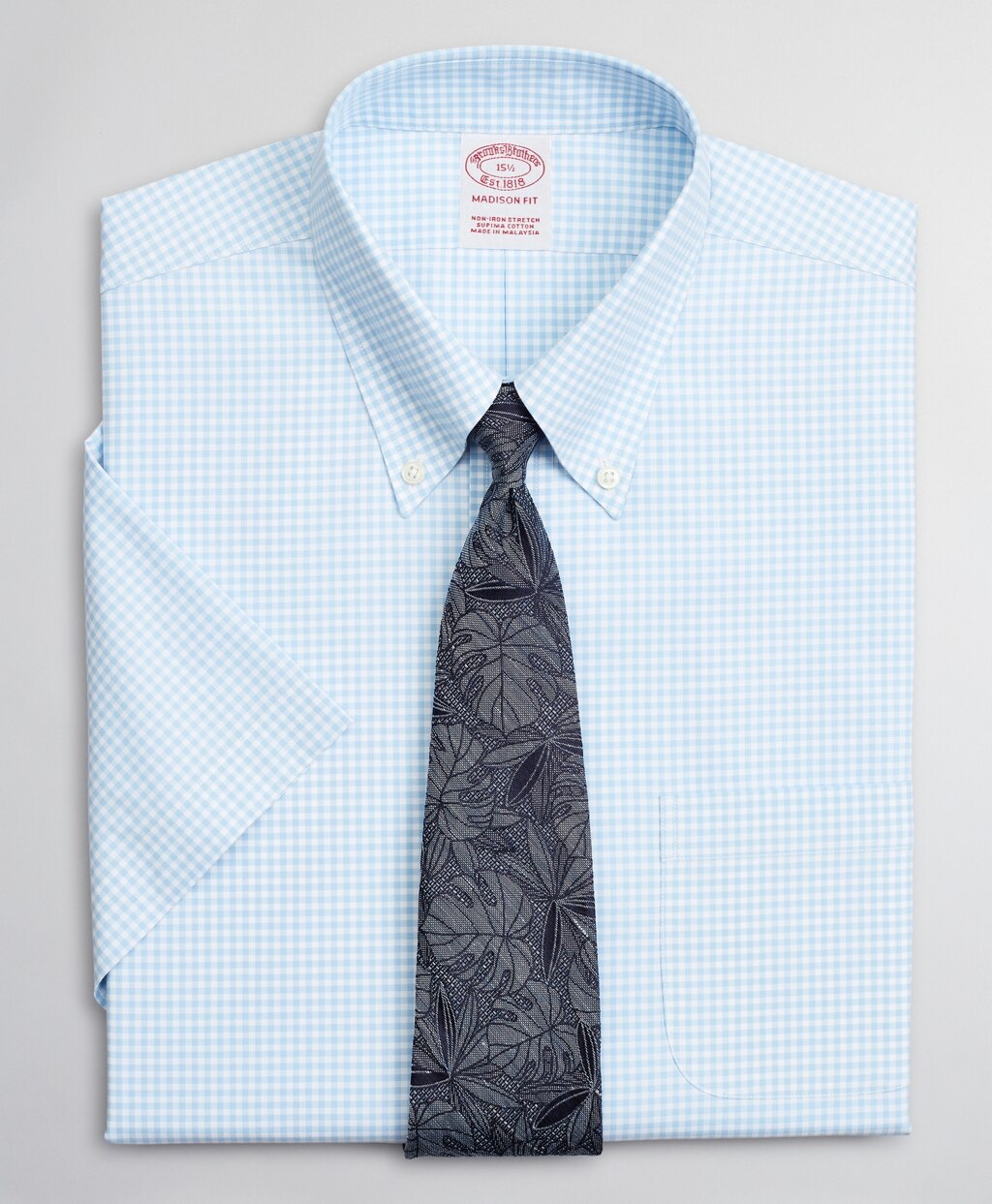 Brooks Brothers Men Stretch Madison Classic-Fit Dress Shirt, Non-Iron Poplin Short-Sleeve Gingham