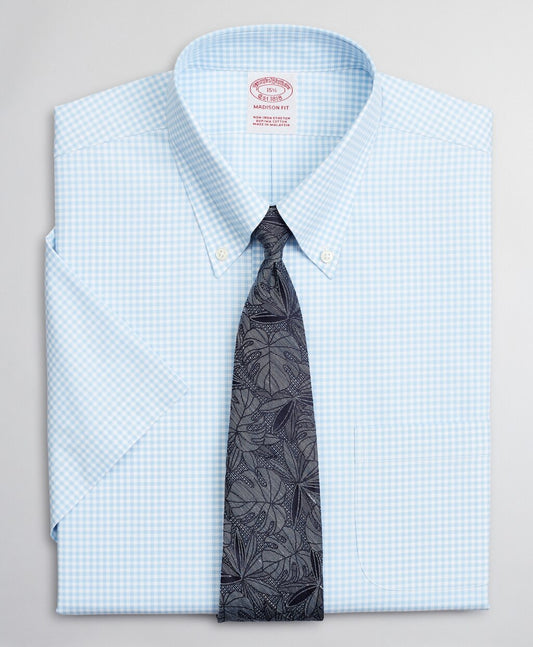 Brooks Brothers Men Stretch Madison Classic-Fit Dress Shirt, Non-Iron Poplin Short-Sleeve Gingham
