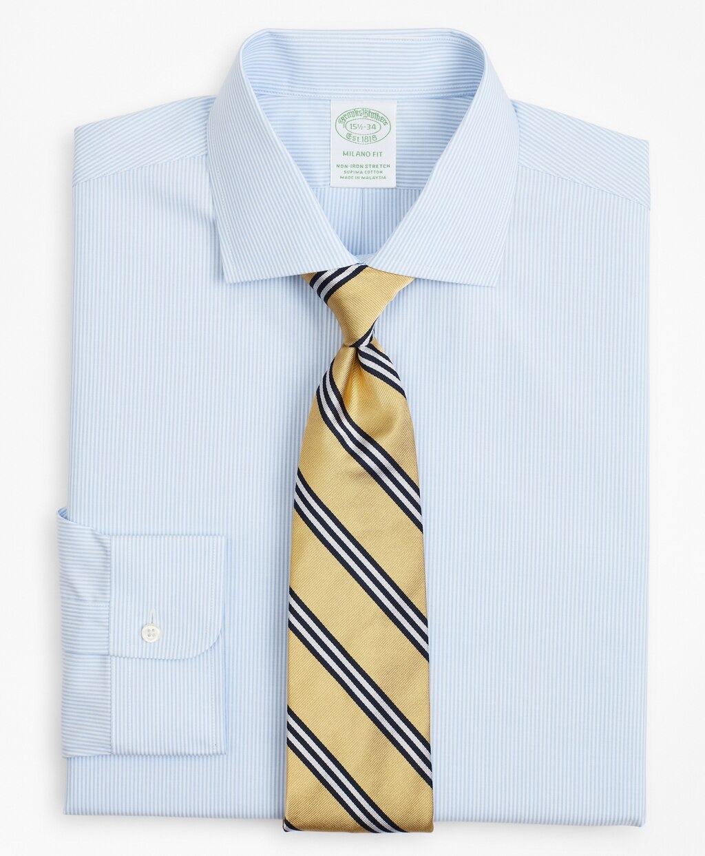 Brooks Brothers Men Stretch Milano Slim-Fit Dress Shirt, Non-Iron Poplin English Collar Fine Stripe