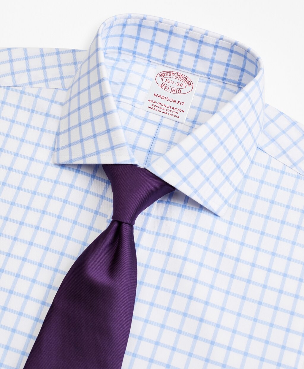 Brooks Brothers Men Stretch Madison Classic-Fit Dress Shirt, Non-Iron Twill English Collar Grid Check