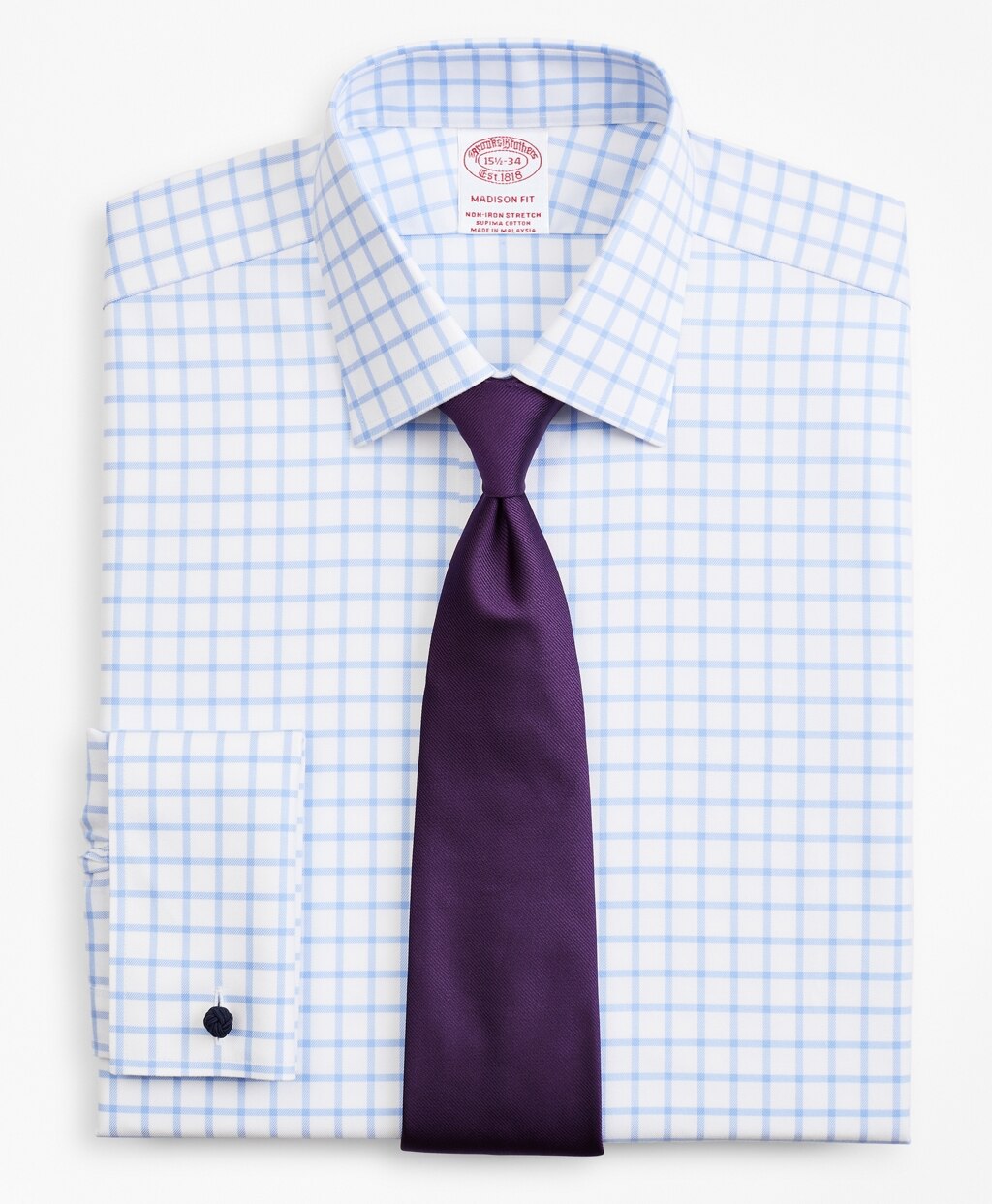 Brooks Brothers Men Stretch Madison Classic-Fit Dress Shirt, Non-Iron Twill Ainsley Collar French Cuff  Grid Check