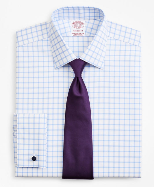Brooks Brothers Men Stretch Madison Classic-Fit Dress Shirt, Non-Iron Twill Ainsley Collar French Cuff  Grid Check
