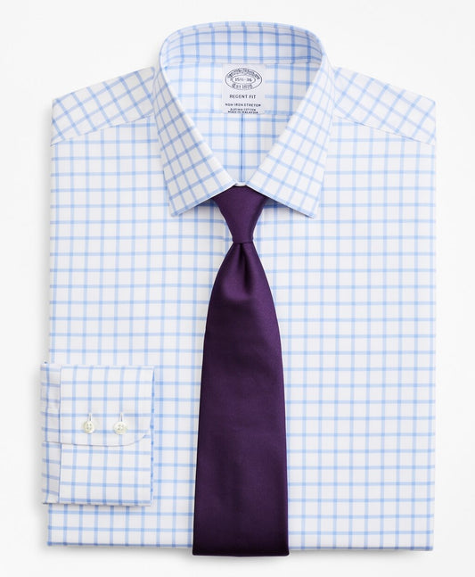 Brooks Brothers Men Stretch Regent Fitted Dress Shirt, Non-Iron Twill Ainsley Collar Grid Check