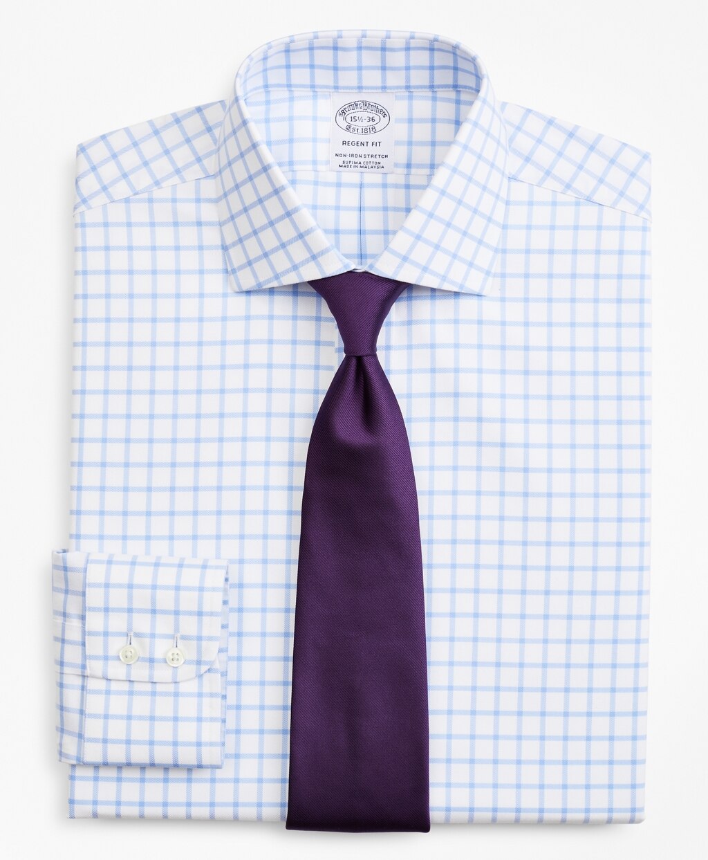 Brooks Brothers Men Stretch Regent Fitted Dress Shirt, Non-Iron Twill English Collar Grid Check