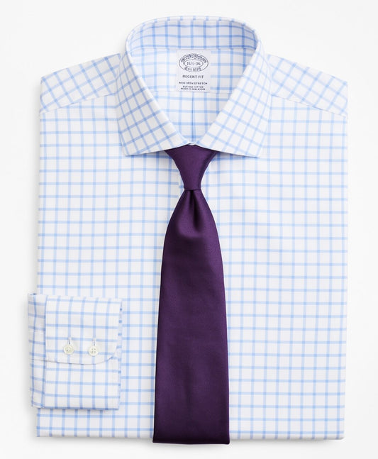 Brooks Brothers Men Stretch Regent Fitted Dress Shirt, Non-Iron Twill English Collar Grid Check