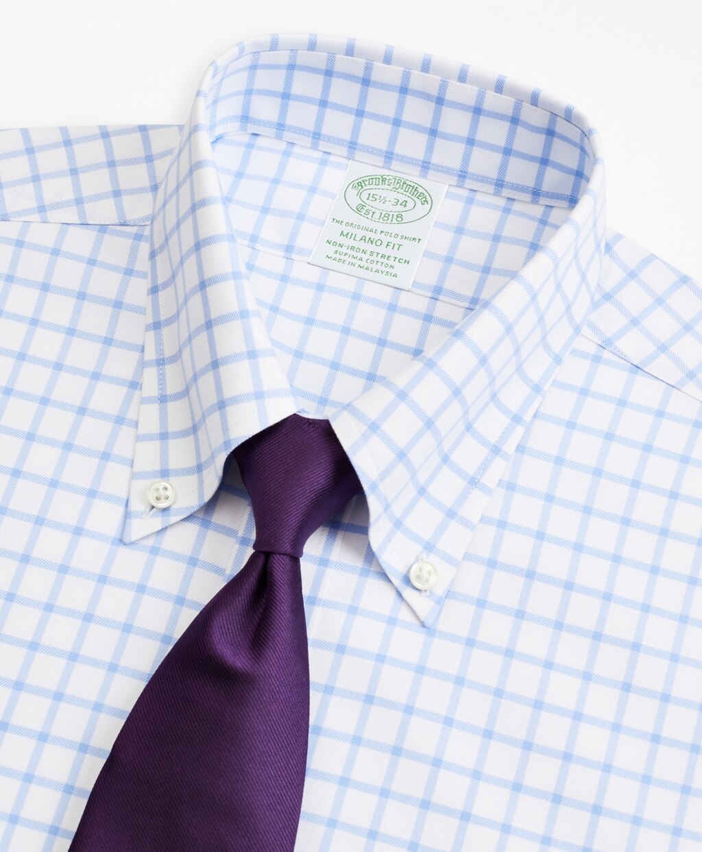 Brooks Brothers Men Stretch Milano Slim-Fit Dress Shirt, Non-Iron Twill Button-Down Collar Grid Check
