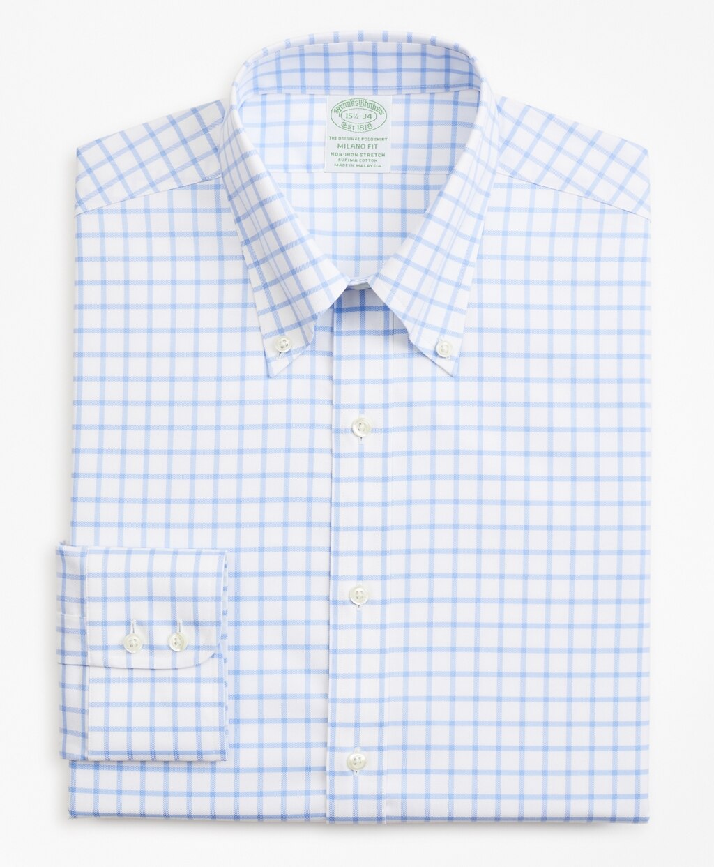 Brooks Brothers Men Stretch Milano Slim-Fit Dress Shirt, Non-Iron Twill Button-Down Collar Grid Check