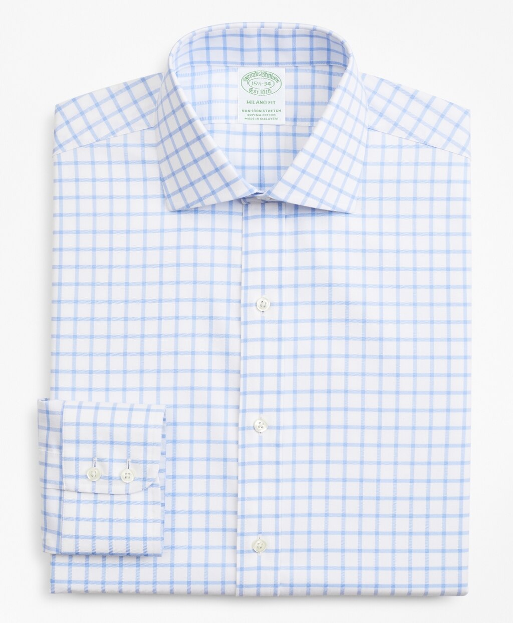 Brooks Brothers Men Stretch Milano Slim-Fit Dress Shirt, Non-Iron Twill English Collar Grid Check