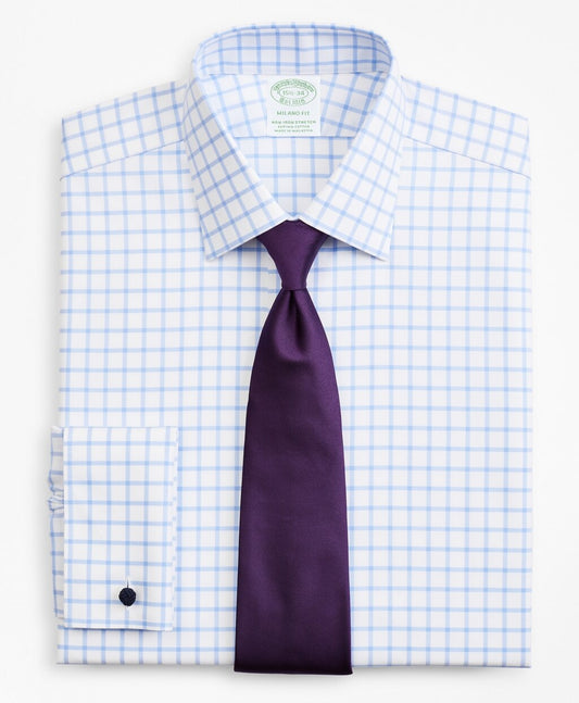 Brooks Brothers Men Stretch Milano Slim-Fit Dress Shirt, Non-Iron Twill Ainsley Collar French Cuff Grid Check