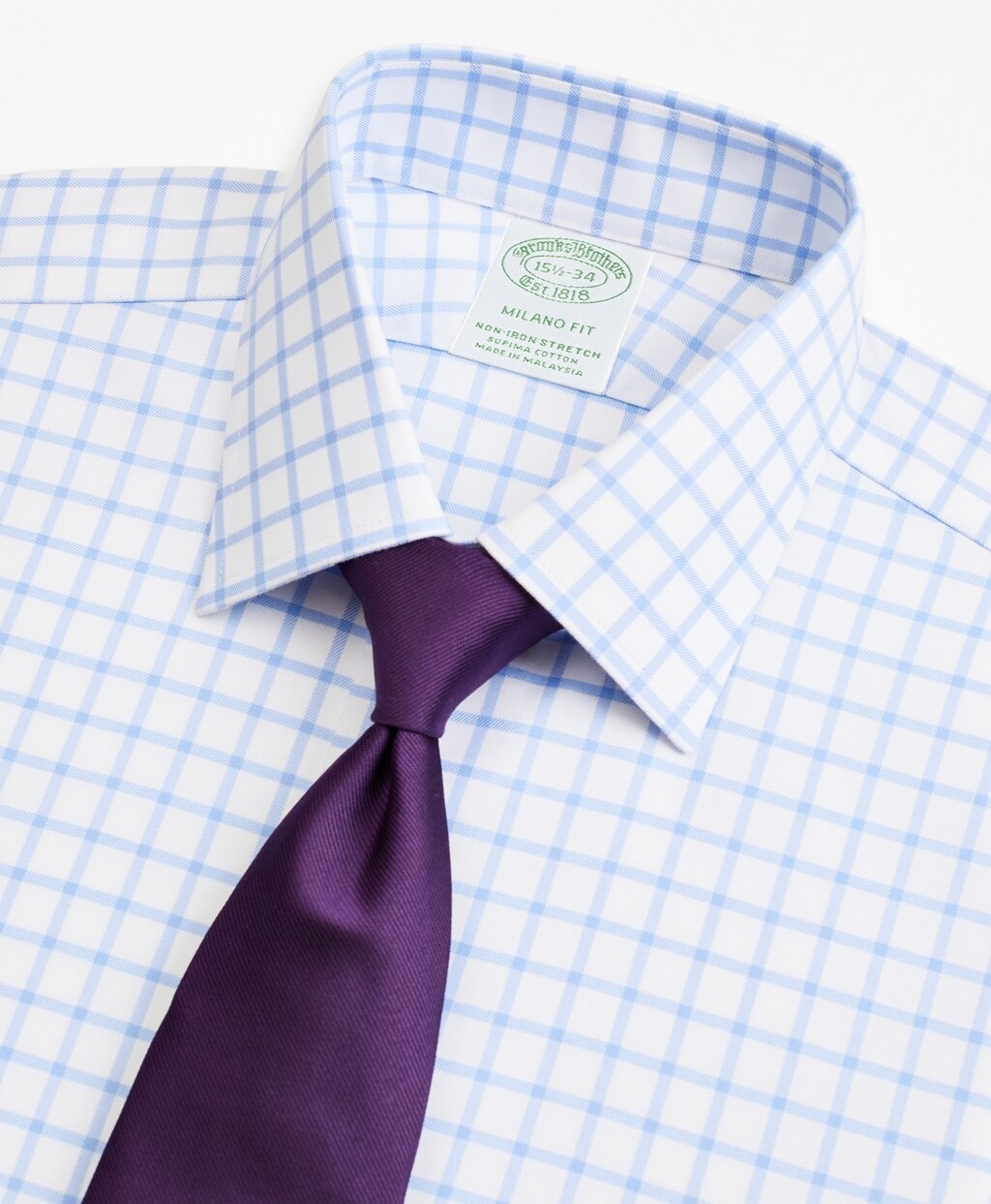 Brooks Brothers Men Stretch Milano Slim-Fit Dress Shirt, Non-Iron Twill Ainsley Collar French Cuff Grid Check
