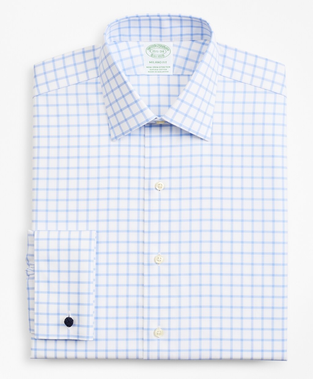 Brooks Brothers Men Stretch Milano Slim-Fit Dress Shirt, Non-Iron Twill Ainsley Collar French Cuff Grid Check