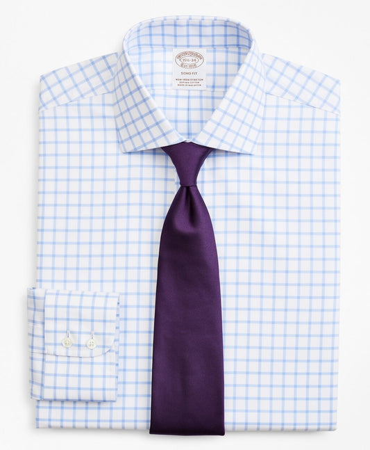 Brooks Brothers Men Stretch Soho Extra-Slim-Fit Dress Shirt, Non-Iron Twill English Collar Grid Check