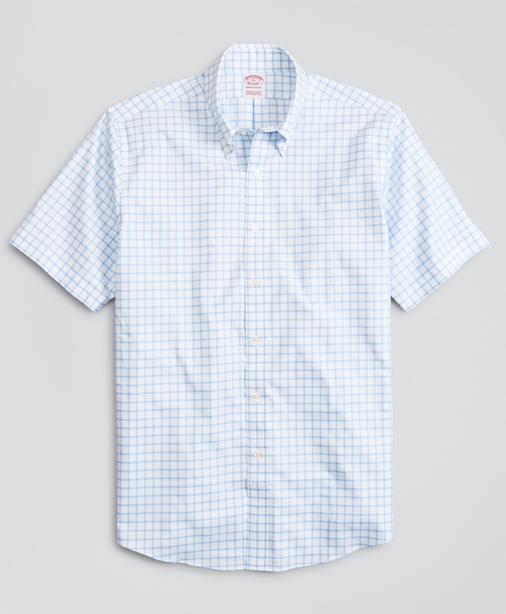 Brooks Brothers Men Stretch Madison Classic-Fit Dress Shirt, Non-Iron Twill Short-Sleeve Grid Check