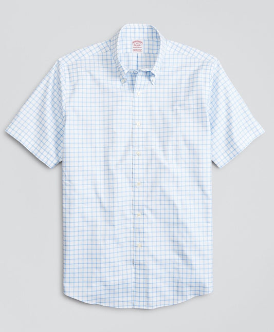 Brooks Brothers Men Stretch Madison Classic-Fit Dress Shirt, Non-Iron Twill Short-Sleeve Grid Check