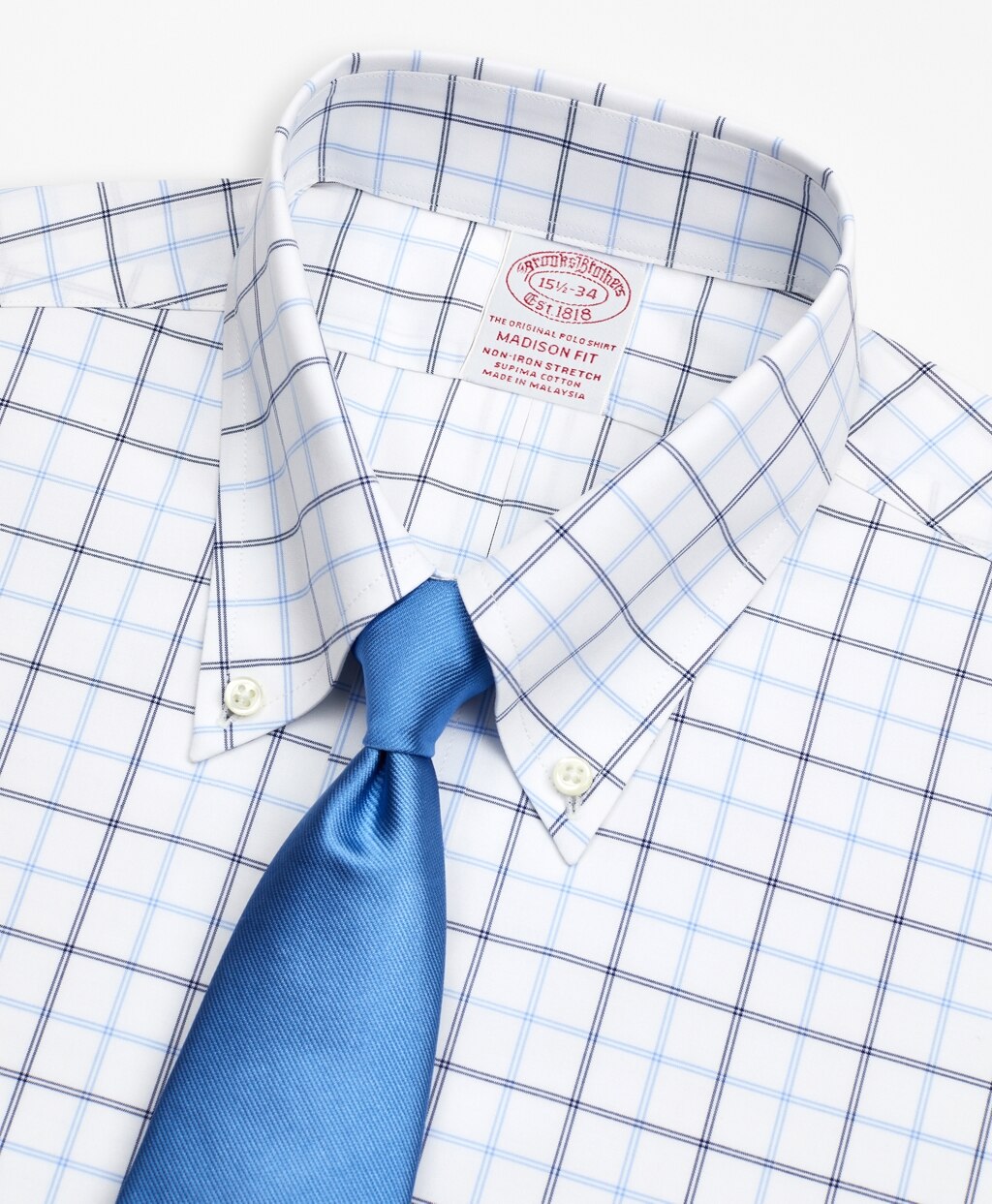 Brooks Brothers Men Stretch Madison Classic-Fit Dress Shirt, Non-Iron Poplin Button-Down Collar Double-Grid Check