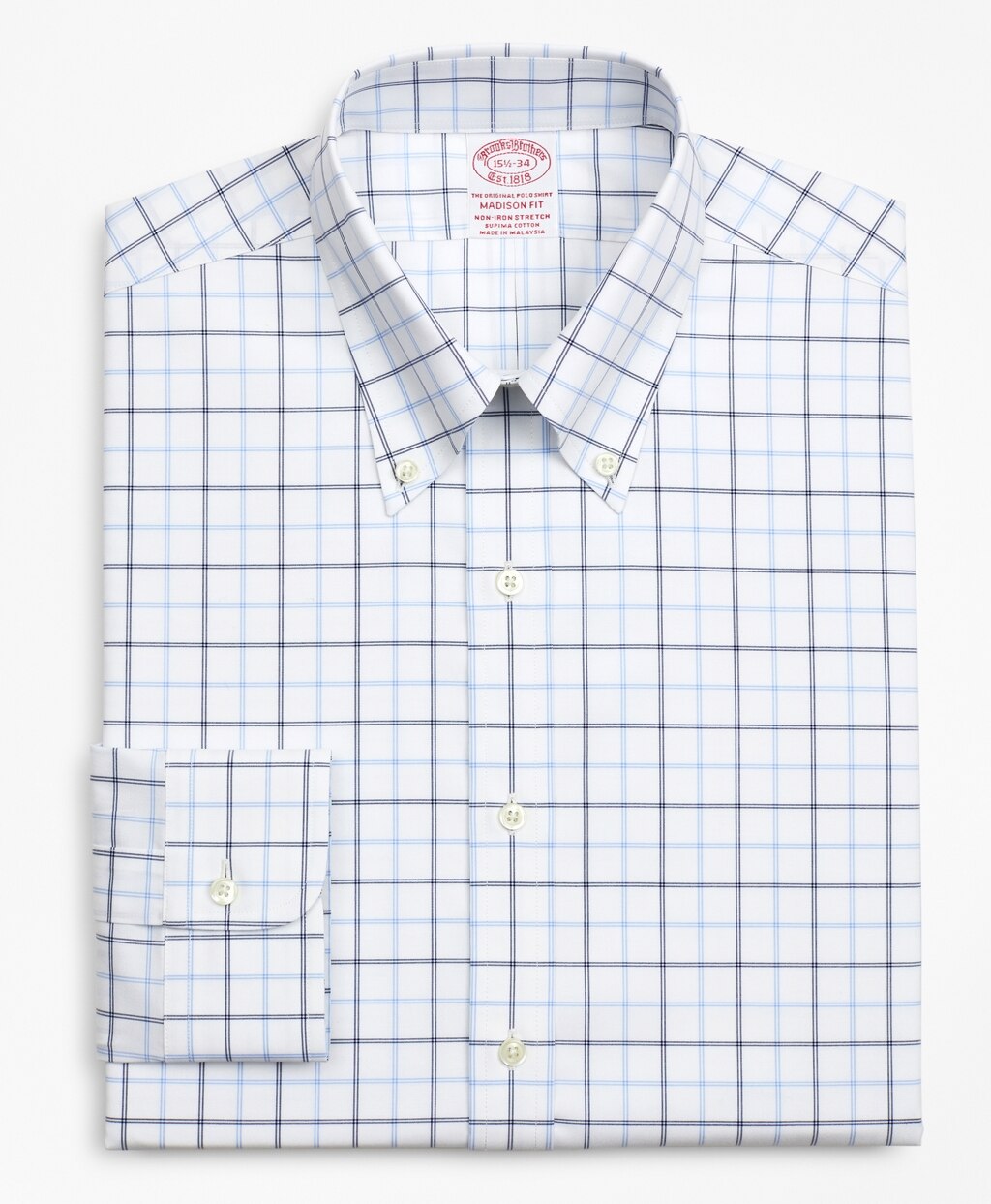 Brooks Brothers Men Stretch Madison Classic-Fit Dress Shirt, Non-Iron Poplin Button-Down Collar Double-Grid Check