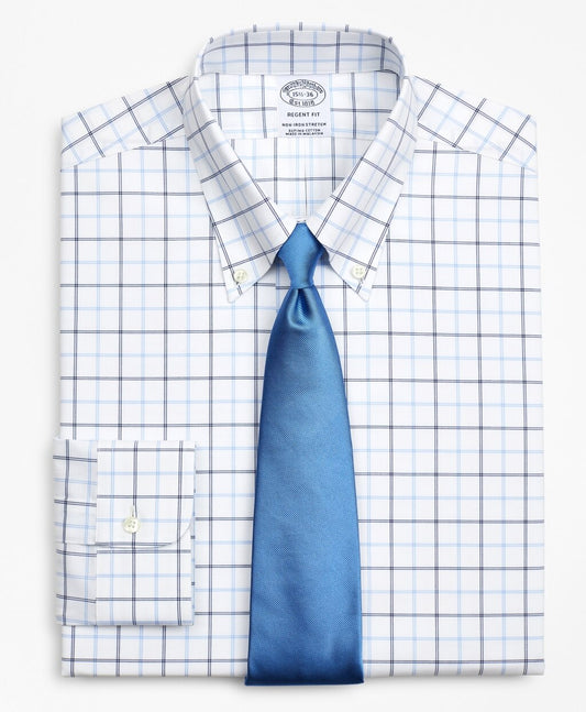 Brooks Brothers Men Stretch Regent Fitted Dress Shirt, Non-Iron Poplin Button-Down Collar Double-Grid Check