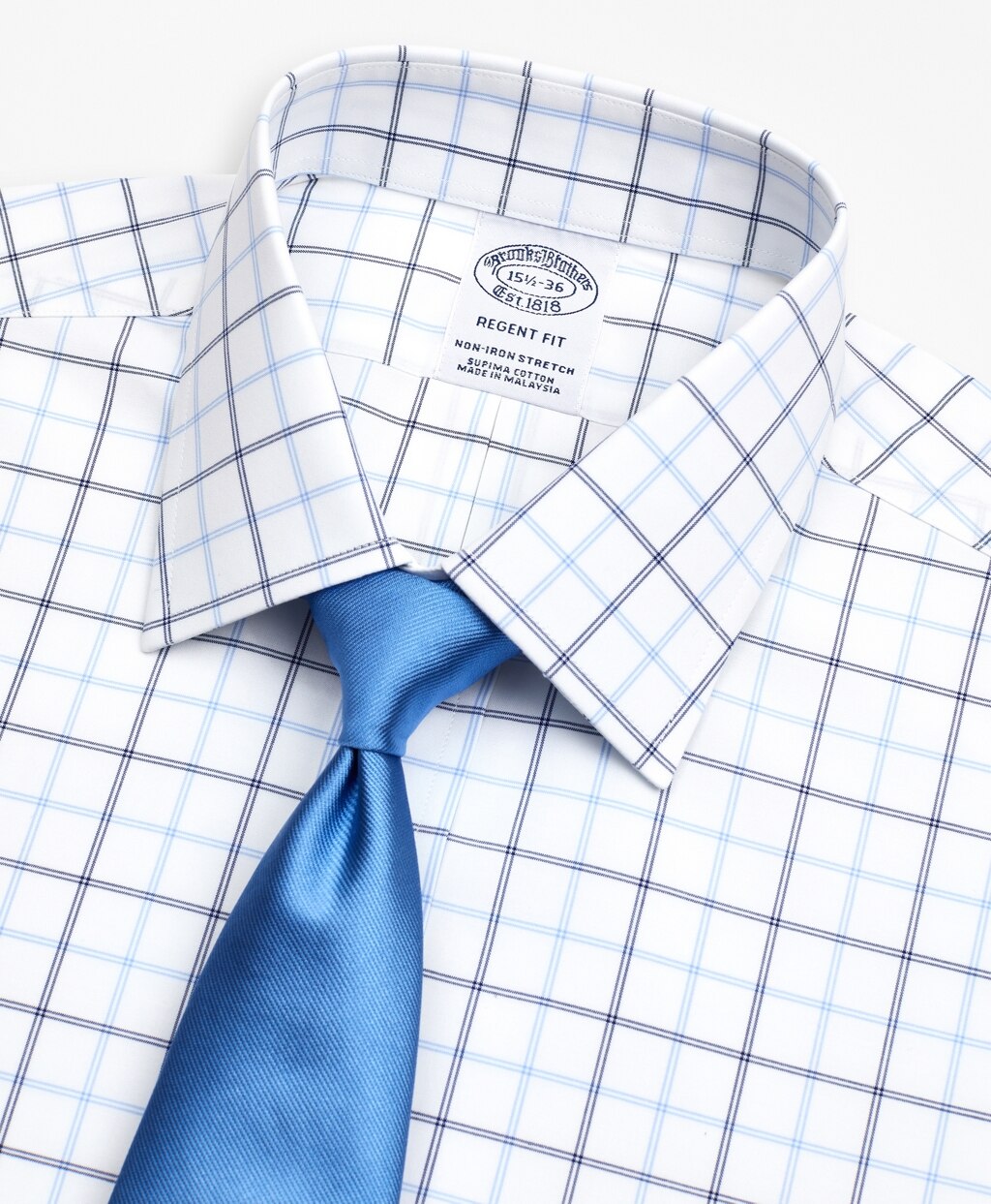 Brooks Brothers Men Stretch Regent Fitted Dress Shirt, Non-Iron Poplin Ainsley Collar Double-Grid Check