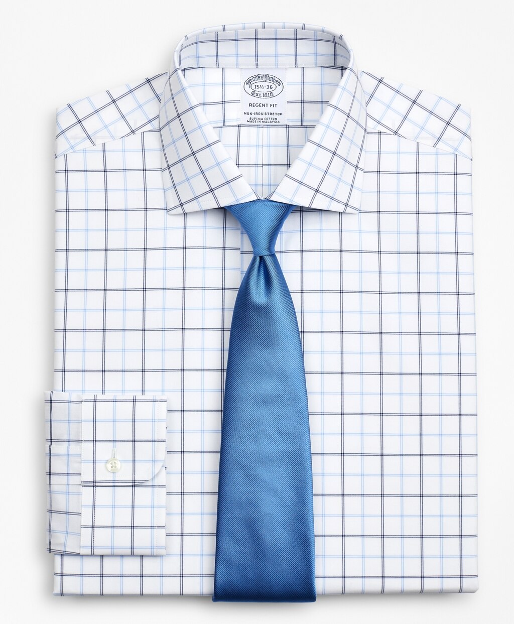 Brooks Brothers Men Stretch Regent Fitted Dress Shirt, Non-Iron Poplin English Collar Double-Grid Check