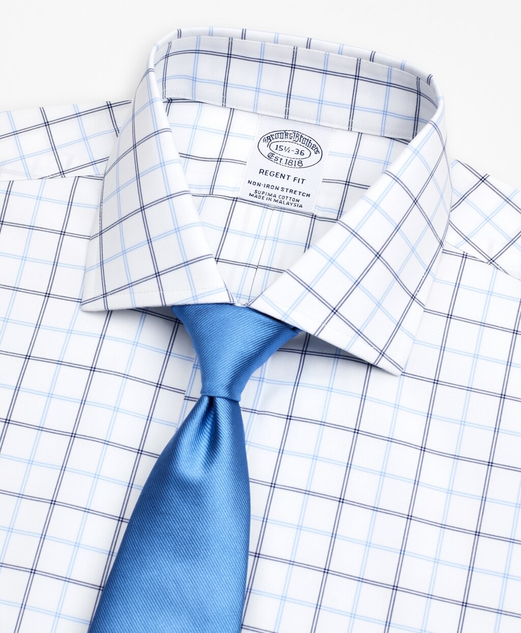 Brooks Brothers Men Stretch Regent Fitted Dress Shirt, Non-Iron Poplin English Collar Double-Grid Check