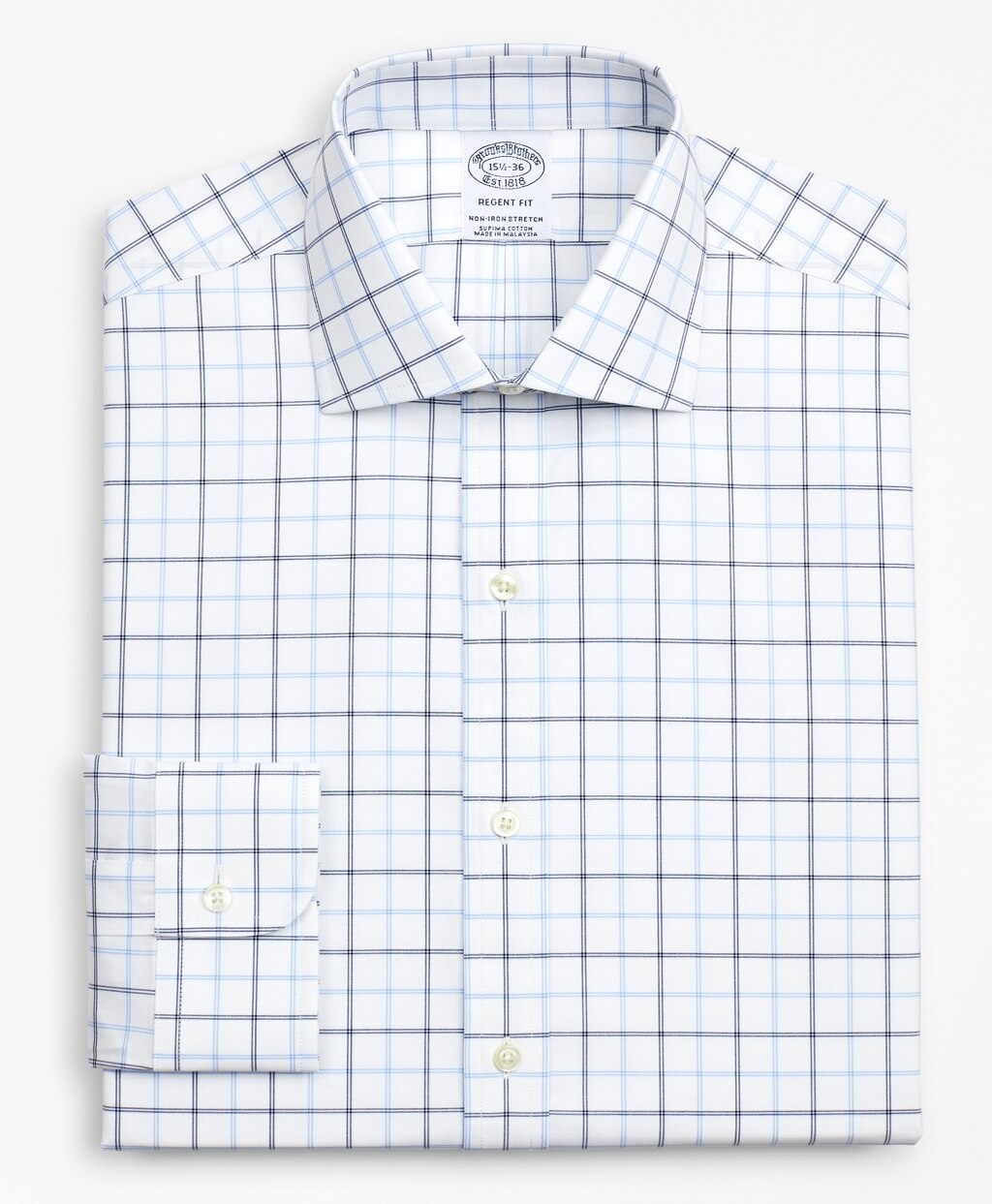 Brooks Brothers Men Stretch Regent Fitted Dress Shirt, Non-Iron Poplin English Collar Double-Grid Check