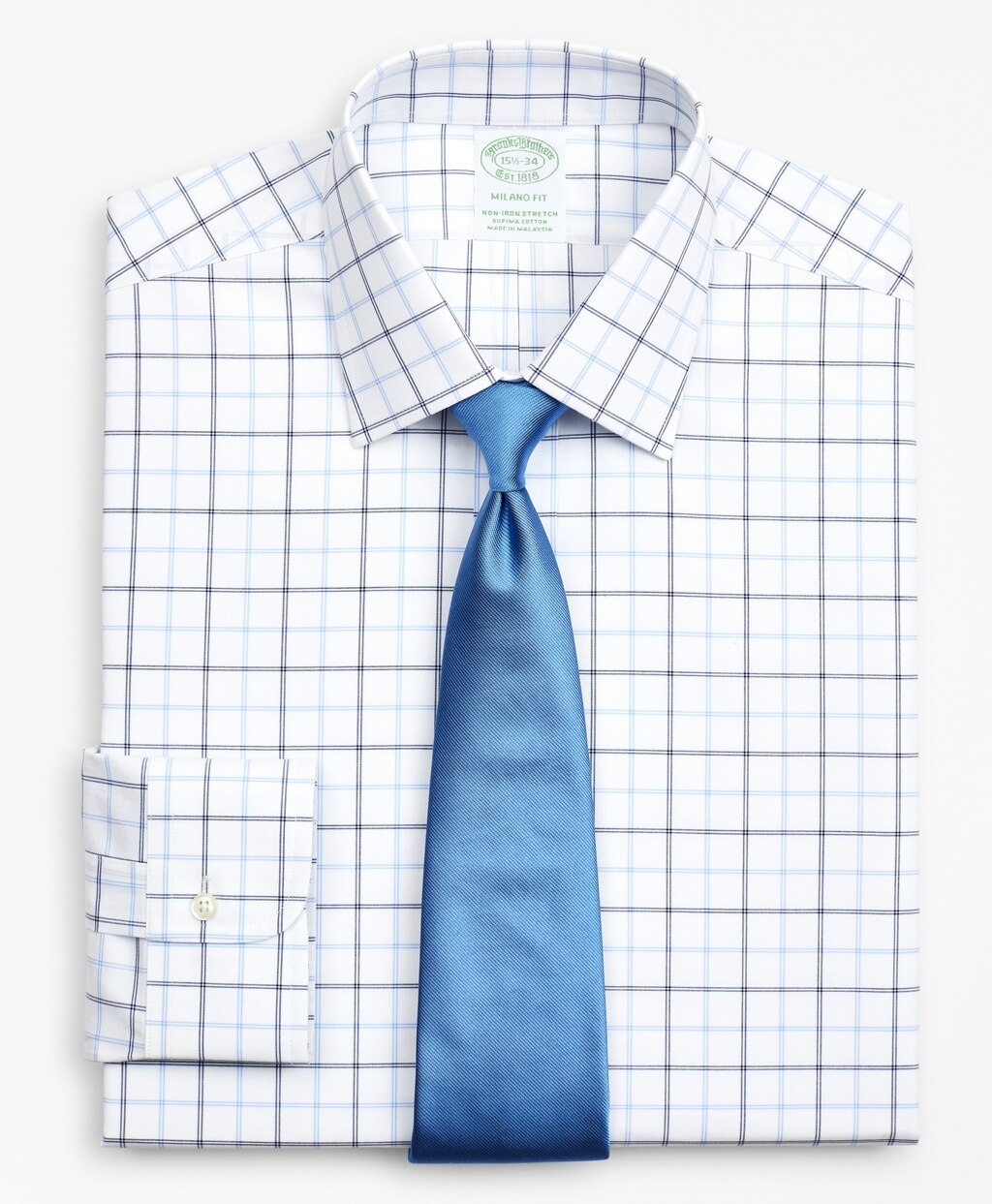 Brooks Brothers Men Stretch Milano Slim-Fit Dress Shirt, Non-Iron Poplin Ainsley Collar Double-Grid Check