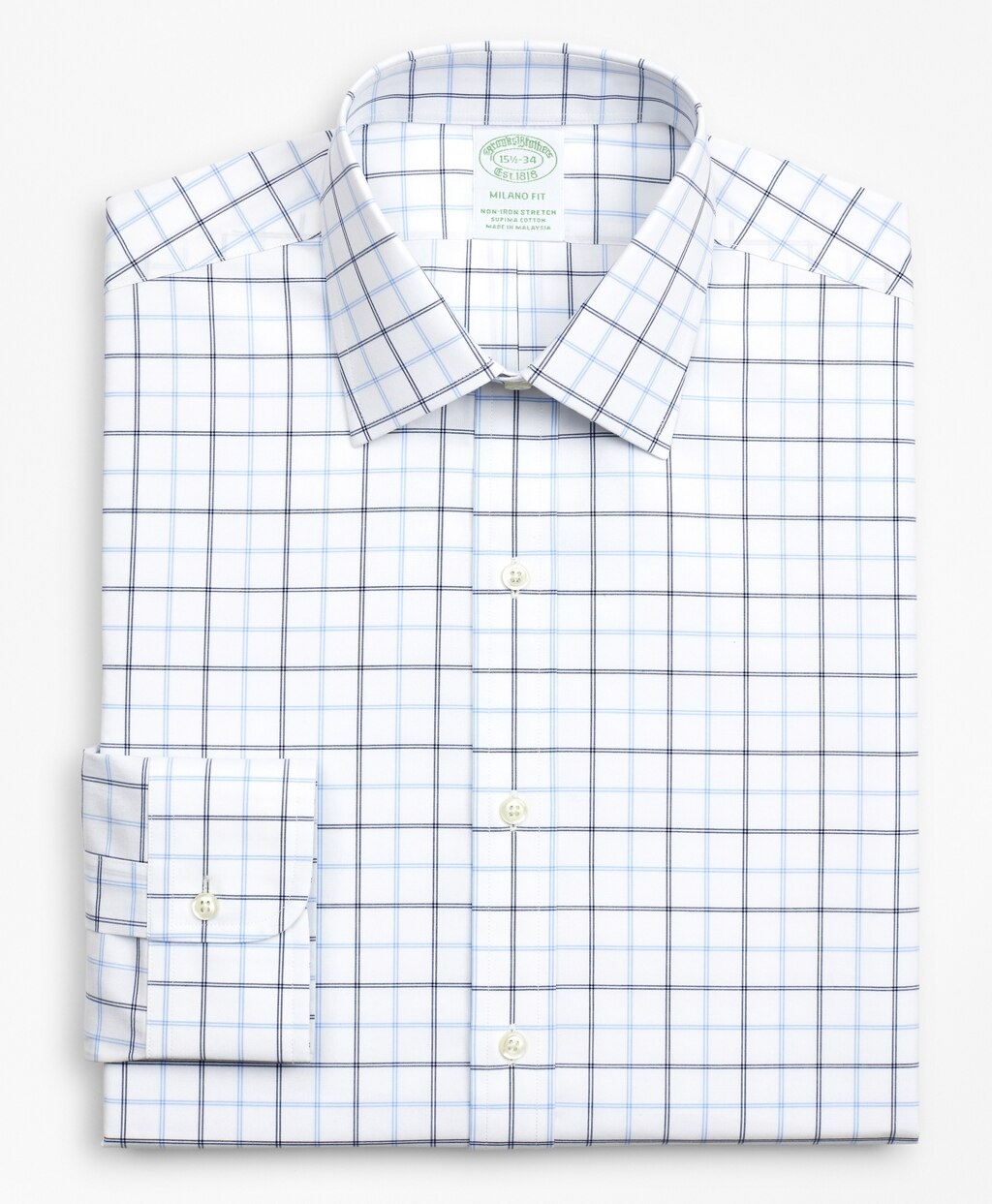 Brooks Brothers Men Stretch Milano Slim-Fit Dress Shirt, Non-Iron Poplin Ainsley Collar Double-Grid Check