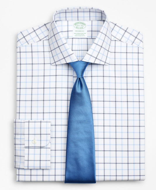 Brooks Brothers Men Stretch Milano Slim-Fit Dress Shirt, Non-Iron Poplin English Collar Double-Grid Check