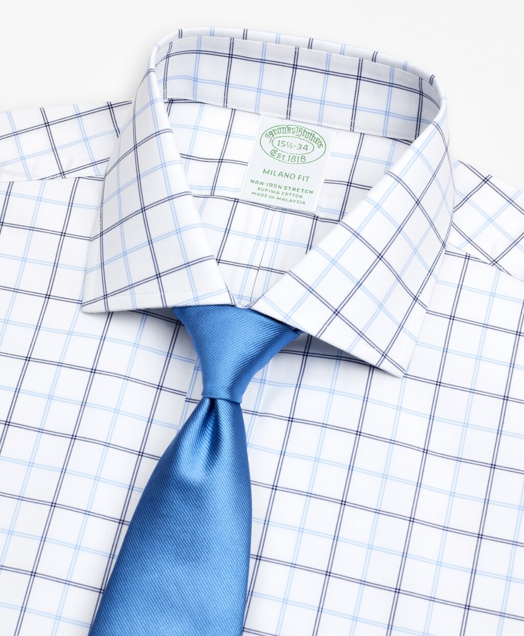 Brooks Brothers Men Stretch Milano Slim-Fit Dress Shirt, Non-Iron Poplin English Collar Double-Grid Check