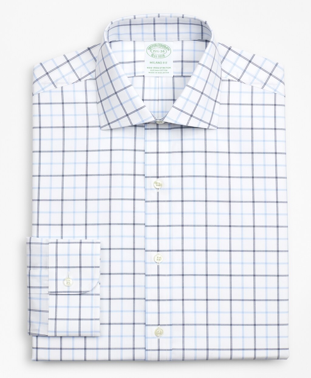 Brooks Brothers Men Stretch Milano Slim-Fit Dress Shirt, Non-Iron Poplin English Collar Double-Grid Check