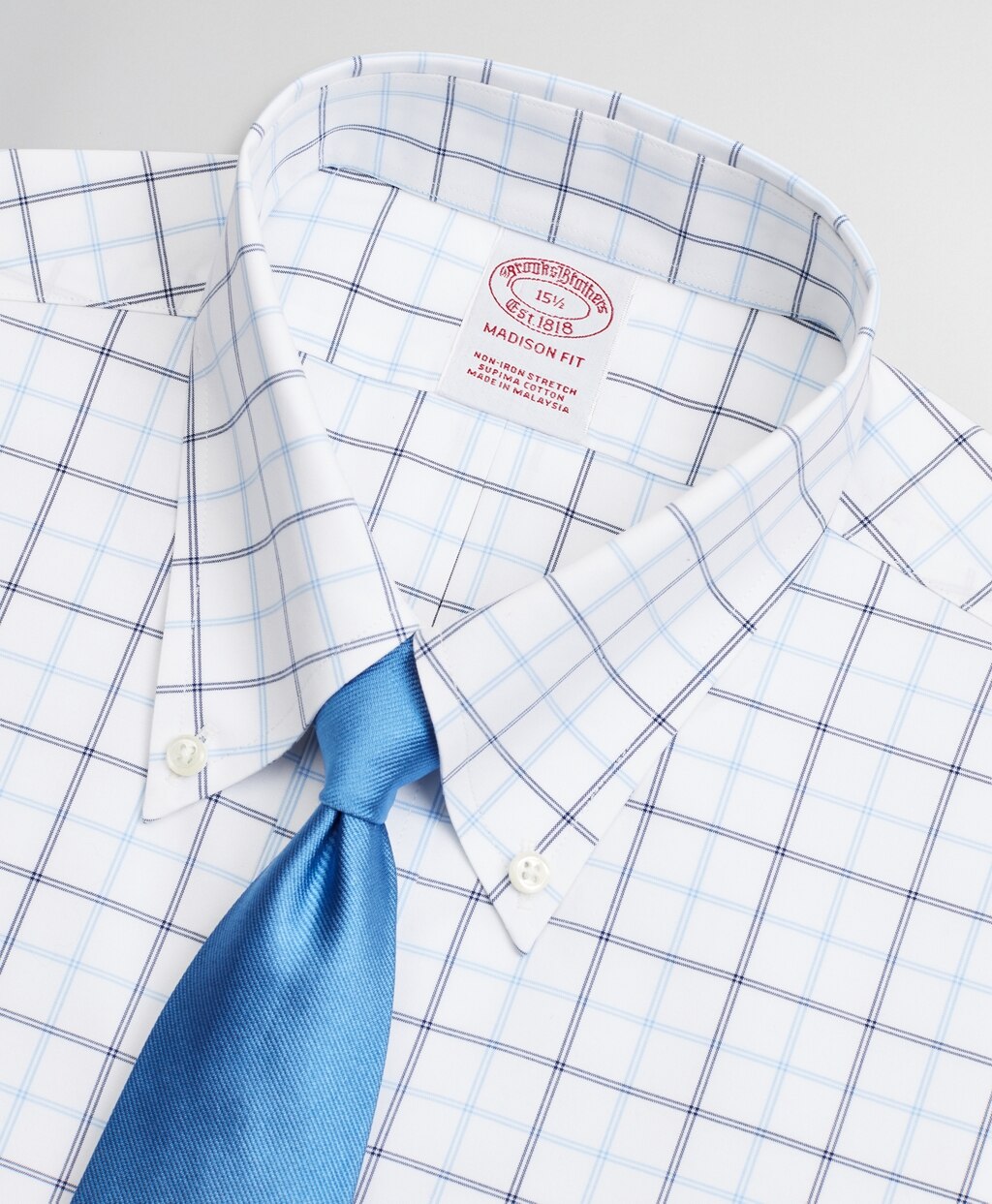 Brooks Brothers Men Stretch Madison Classic-Fit Dress Shirt, Non-Iron Twill Short-Sleeve Double-Grid Checkk