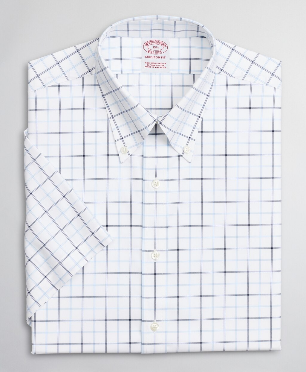 Brooks Brothers Men Stretch Madison Classic-Fit Dress Shirt, Non-Iron Twill Short-Sleeve Double-Grid Checkk
