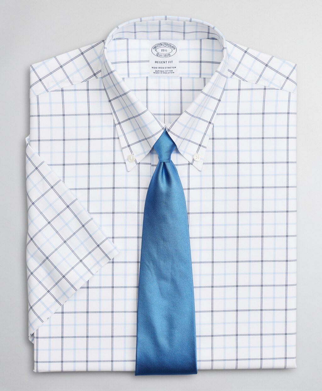 Brooks Brothers Men Stretch Regent Fitted Dress Shirt, Non-Iron Twill Short-Sleeve Double-Grid Check