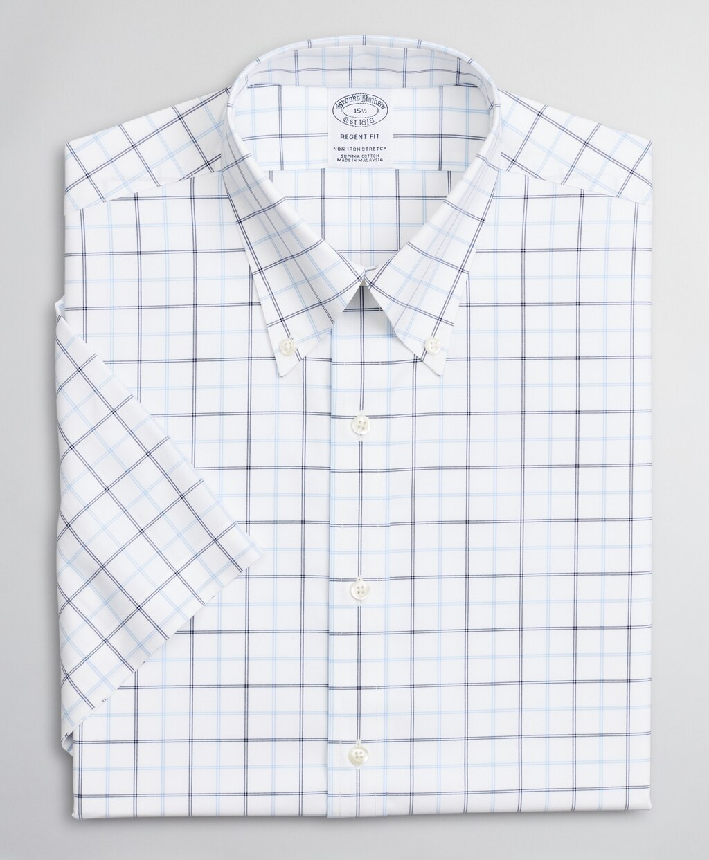 Brooks Brothers Men Stretch Regent Fitted Dress Shirt, Non-Iron Twill Short-Sleeve Double-Grid Check