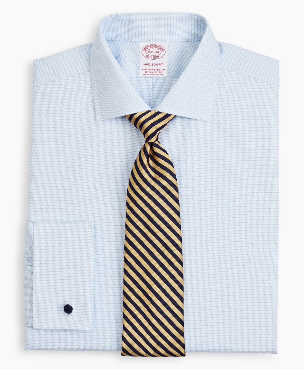 Brooks Brothers Men Stretch Madison Classic-Fit Dress Shirt, Non-Iron Twill English Collar French Cuff Micro-Check