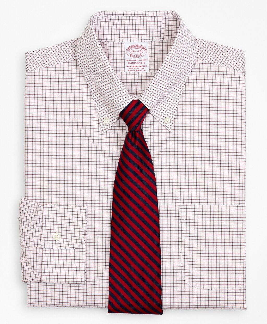 Brooks Brothers Men Stretch Madison Classic-Fit Dress Shirt, Non-Iron Poplin Button-Down Collar Small Grid Check