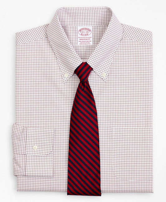 Brooks Brothers Men Stretch Madison Classic-Fit Dress Shirt, Non-Iron Poplin Button-Down Collar Small Grid Check